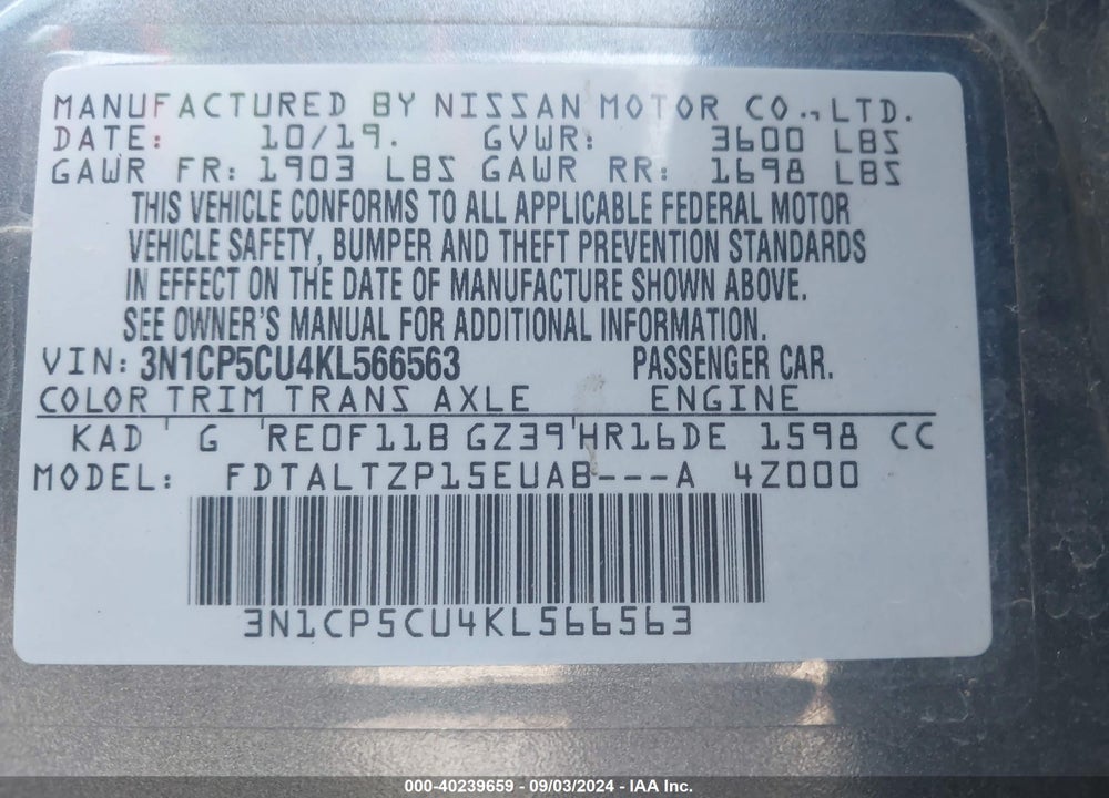 2019 NISSAN KICKS SR VIN: 3N1CP5CU4KL566563