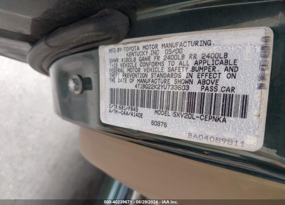 2000 TOYOTA CAMRY LE VIN: 4T1BG22K2YU733603