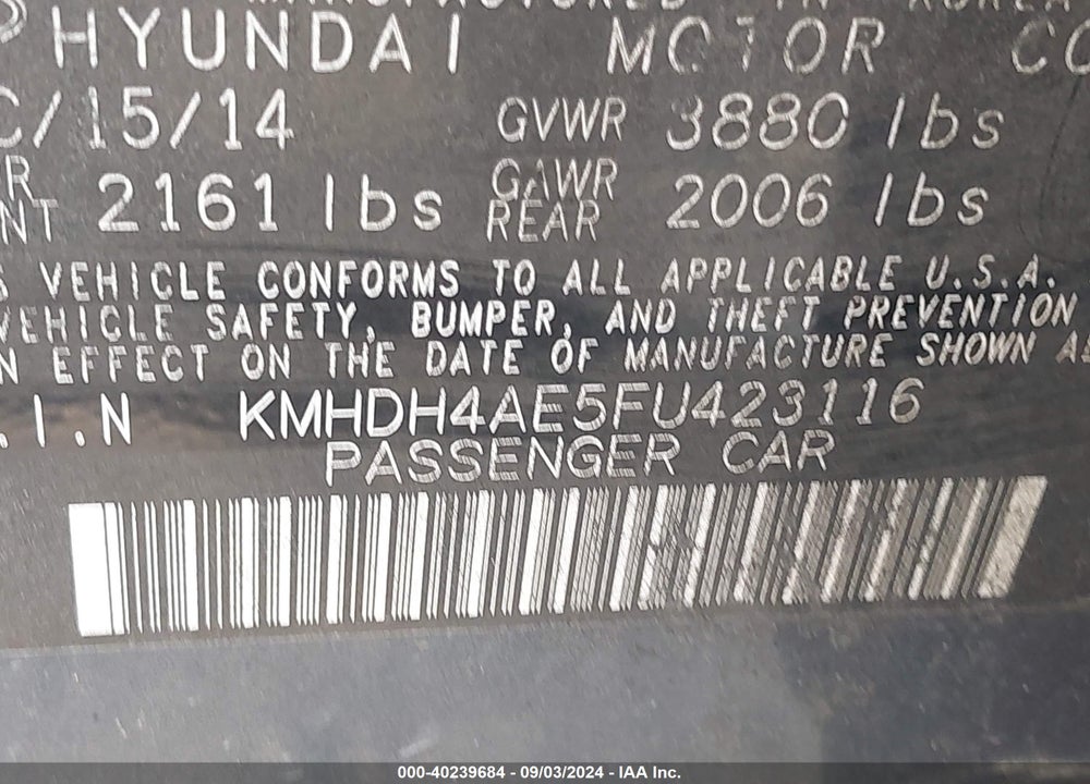 2015 HYUNDAI ELANTRA SE VIN: KMHDH4AE5FU423116