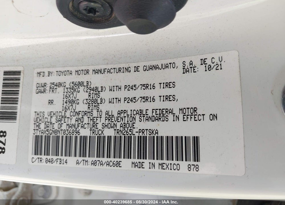 2022 TOYOTA TACOMA SR VIN: 3TYAX5GN8NT036896