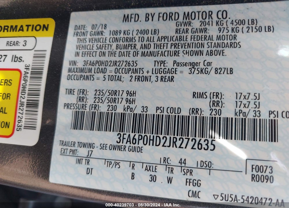 2018 FORD FUSION SE VIN: 3FA6P0HD2JR272635