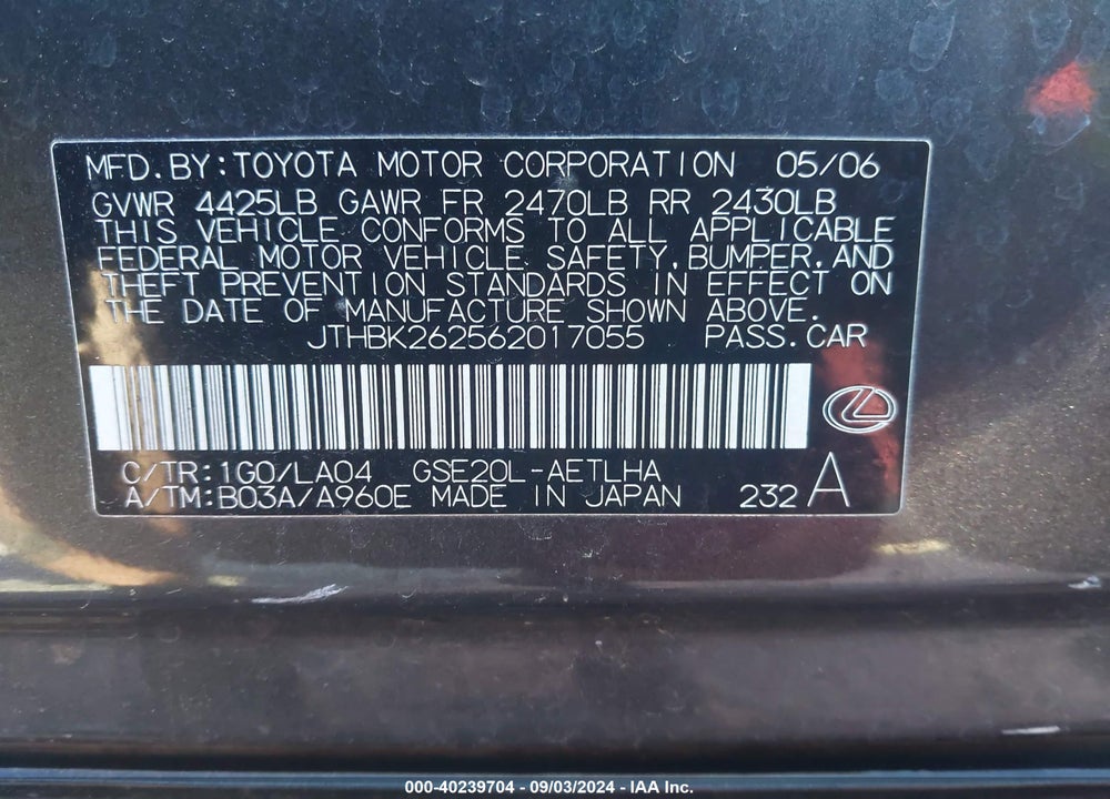 2006 LEXUS IS 250 VIN: JTHBK262562017055