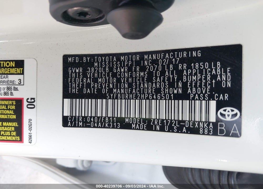 2017 TOYOTA COROLLA LE VIN: 5YFBURHE2HP646501