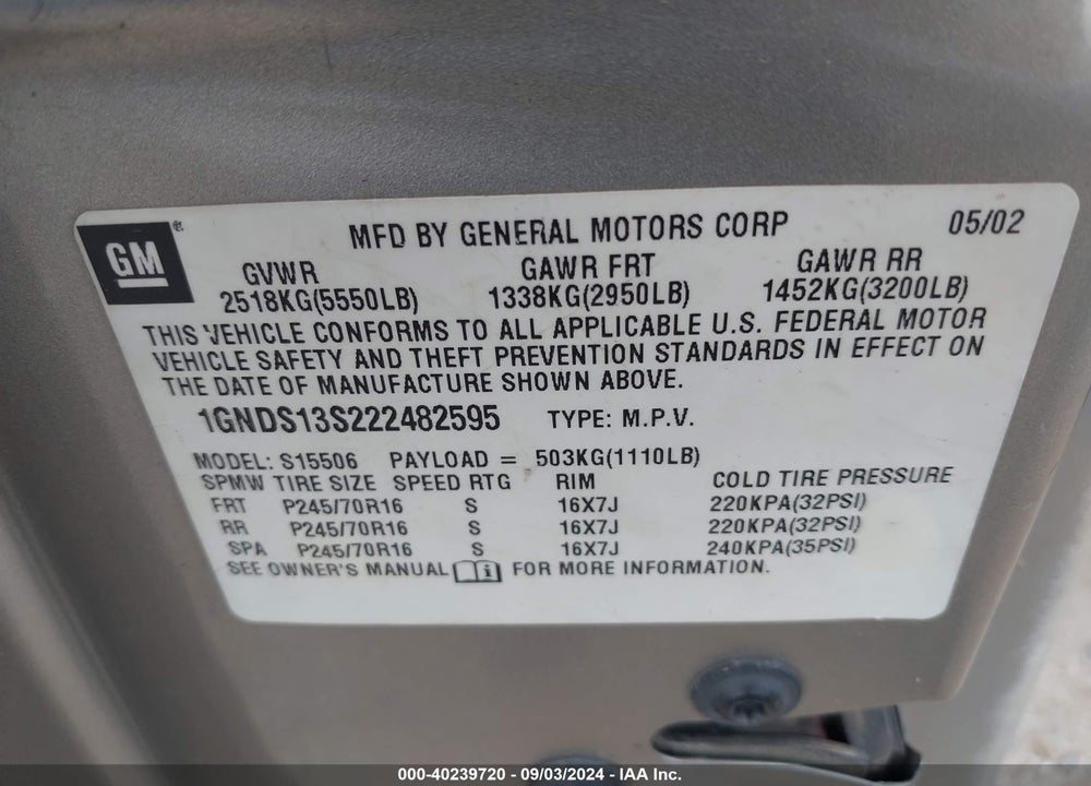 2002 CHEVROLET TRAILBLAZER LS VIN: 1GNDS13S222482595