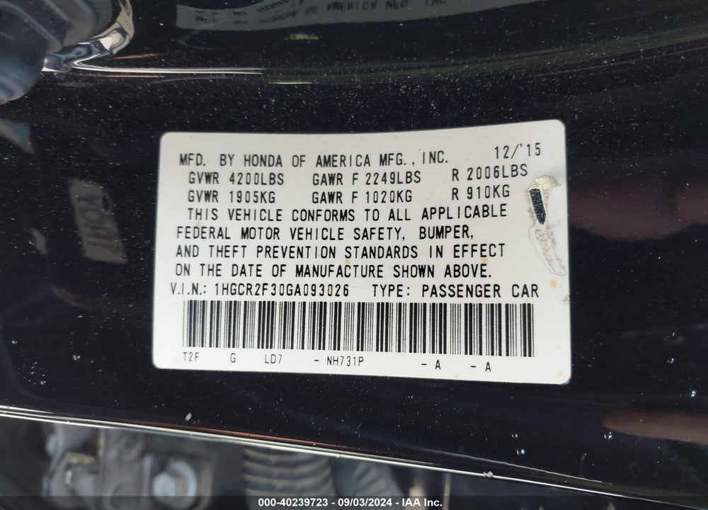 2016 HONDA ACCORD LX VIN: 1HGCR2F30GA093026
