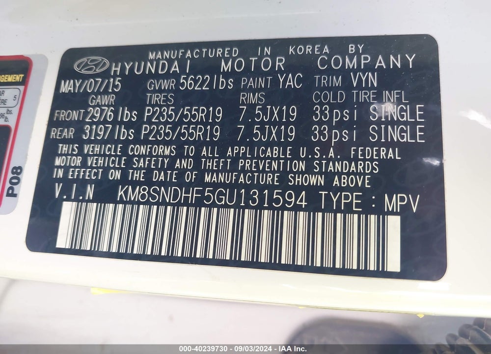 2016 HYUNDAI SANTA FE SE VIN: KM8SNDHF5GU131594