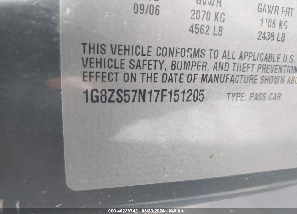 2007 SATURN AURA XE VIN: 1G8ZS57N17F151205