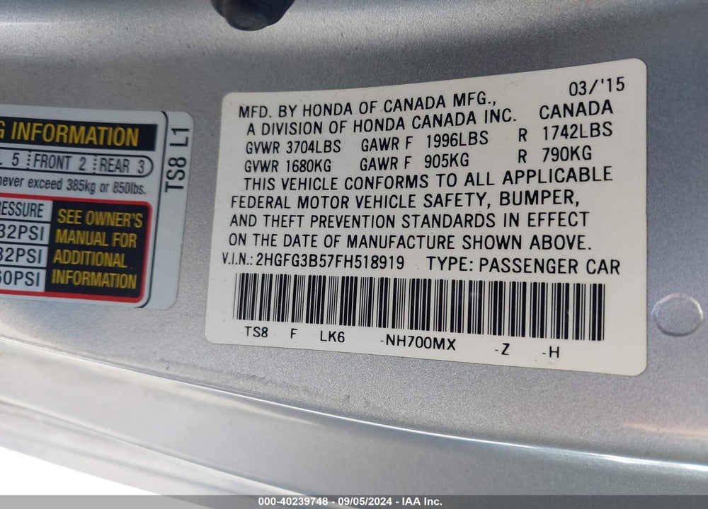 2015 HONDA CIVIC LX VIN: 2HGFG3B57FH518919