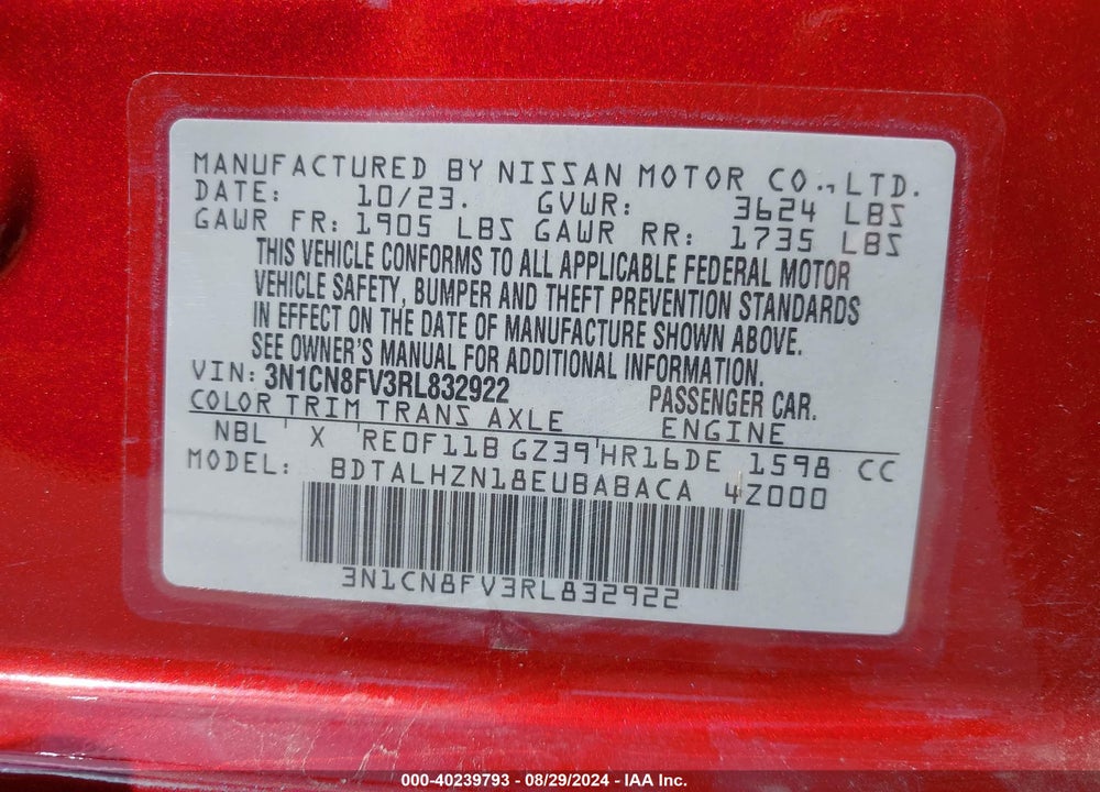 2024 NISSAN VERSA 1.6 SR VIN: 3N1CN8FV3RL832922