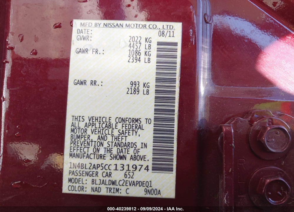 2012 NISSAN ALTIMA 3.5 SR VIN: 1N4BL2AP5CC131974