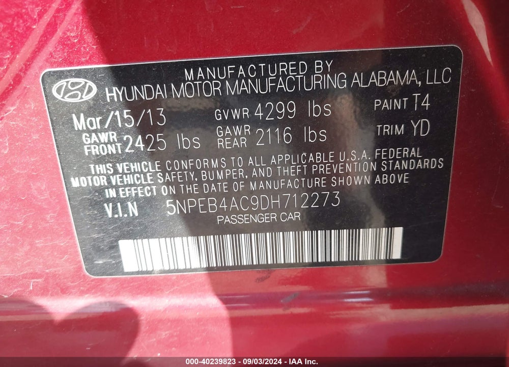 2013 HYUNDAI SONATA GLS VIN: 5NPEB4AC9DH712273