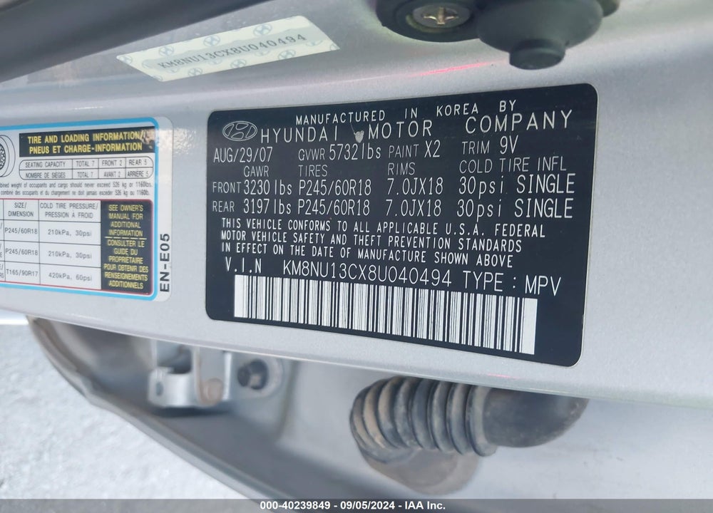 2008 HYUNDAI VERACRUZ GLS/LIMITED/SE VIN: KM8NU13CX8U040494