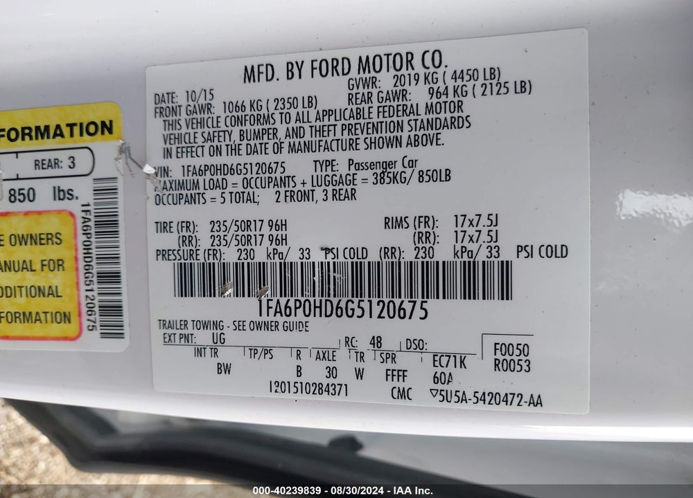 2016 FORD FUSION SE VIN: 1FA6P0HD6G5120675