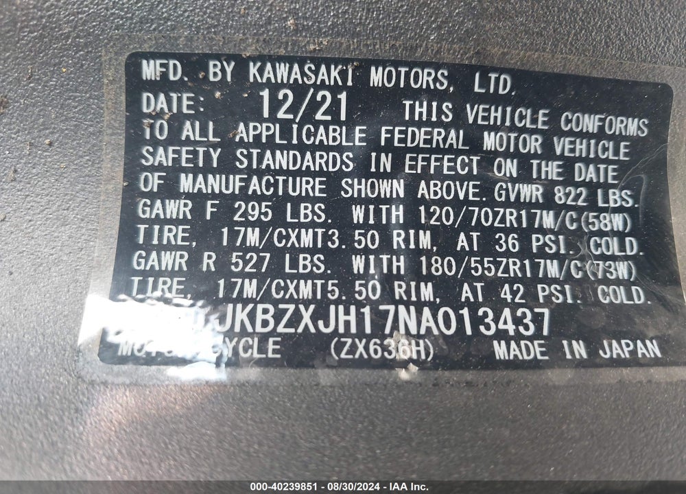 2022 KAWASAKI ZX636 K VIN: JKBZXJH17NA013437