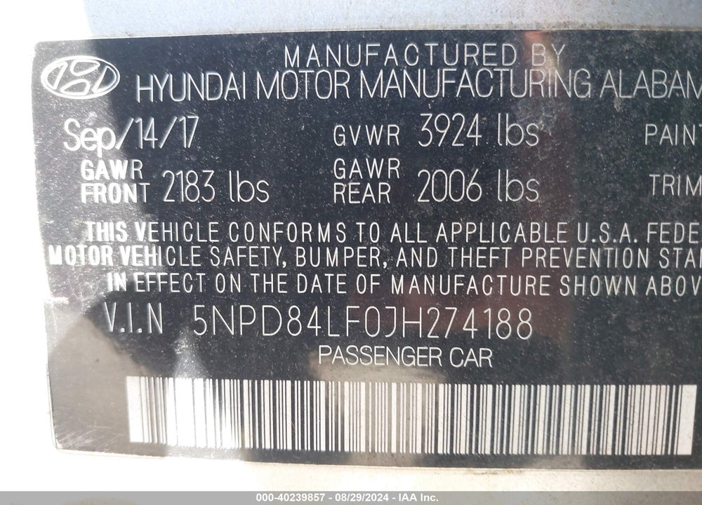 2018 HYUNDAI ELANTRA SEL VIN: 5NPD84LF0JH274188