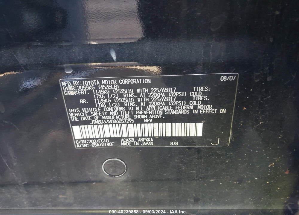2008 TOYOTA RAV4 VIN: JTMBD33V086057295