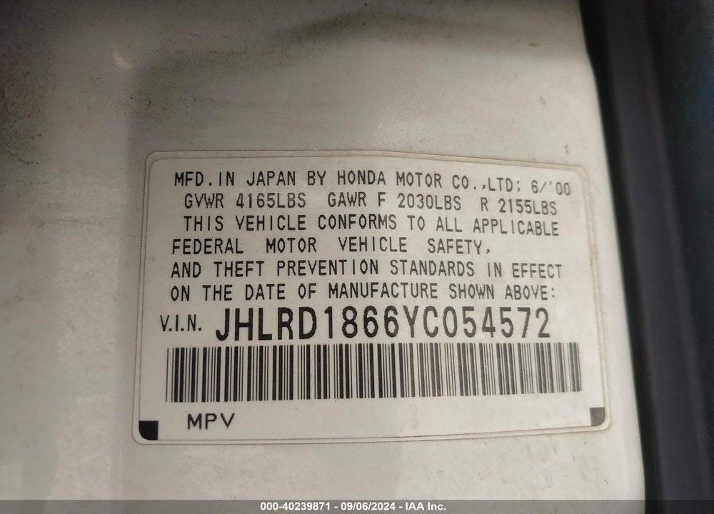 2000 HONDA CR-V EX VIN: JHLRD1866YC054572
