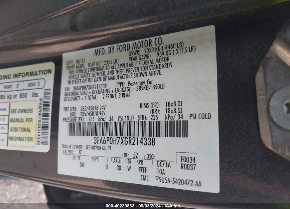 2016 FORD FUSION SE VIN: 3FA6P0H7XGR214338