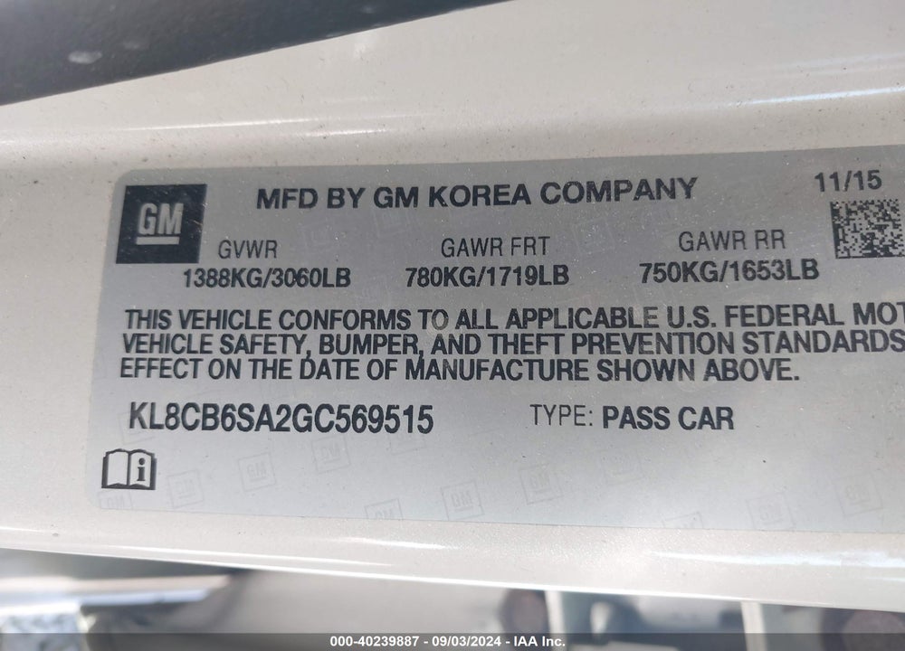 2016 CHEVROLET SPARK LS CVT VIN: KL8CB6SA2GC569515