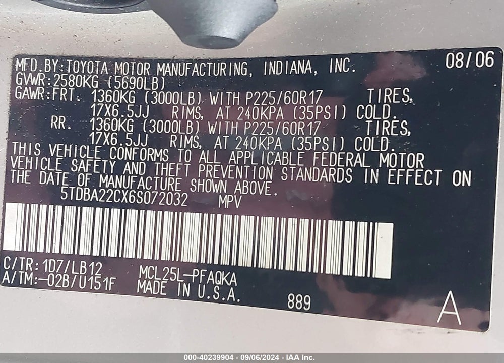 2006 TOYOTA SIENNA XLE LIMITED VIN: 5TDBA22CX6S072032