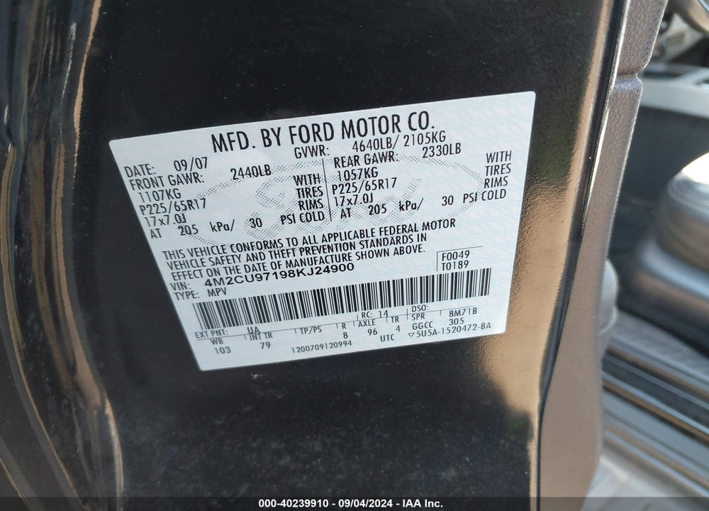 2008 MERCURY MARINER VIN: 4M2CU97198KJ24900