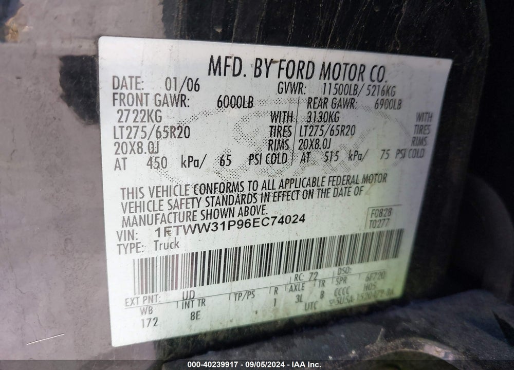 2006 FORD F-350 LARIAT/XL/XLT VIN: 1FTWW31P96EC74024