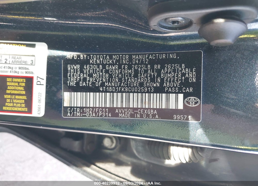 2012 TOYOTA CAMRY HYBRID XLE VIN: 4T1BD1FK8CU025913