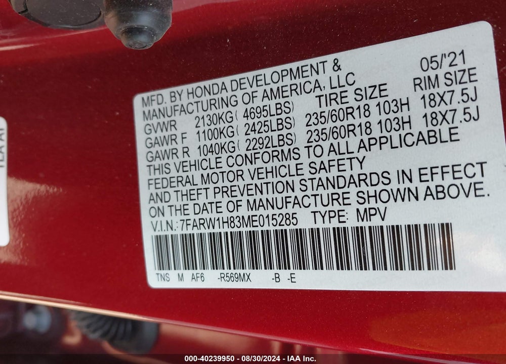 2021 HONDA CR-V 2WD EX-L VIN: 7FARW1H83ME015285
