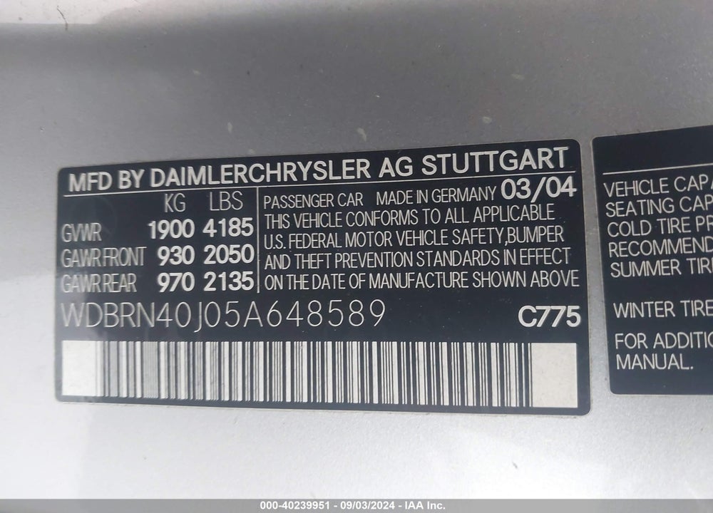2005 MERCEDES-BENZ C 230 KOMPRESSOR SPORT VIN: WDBRN40J05A648589