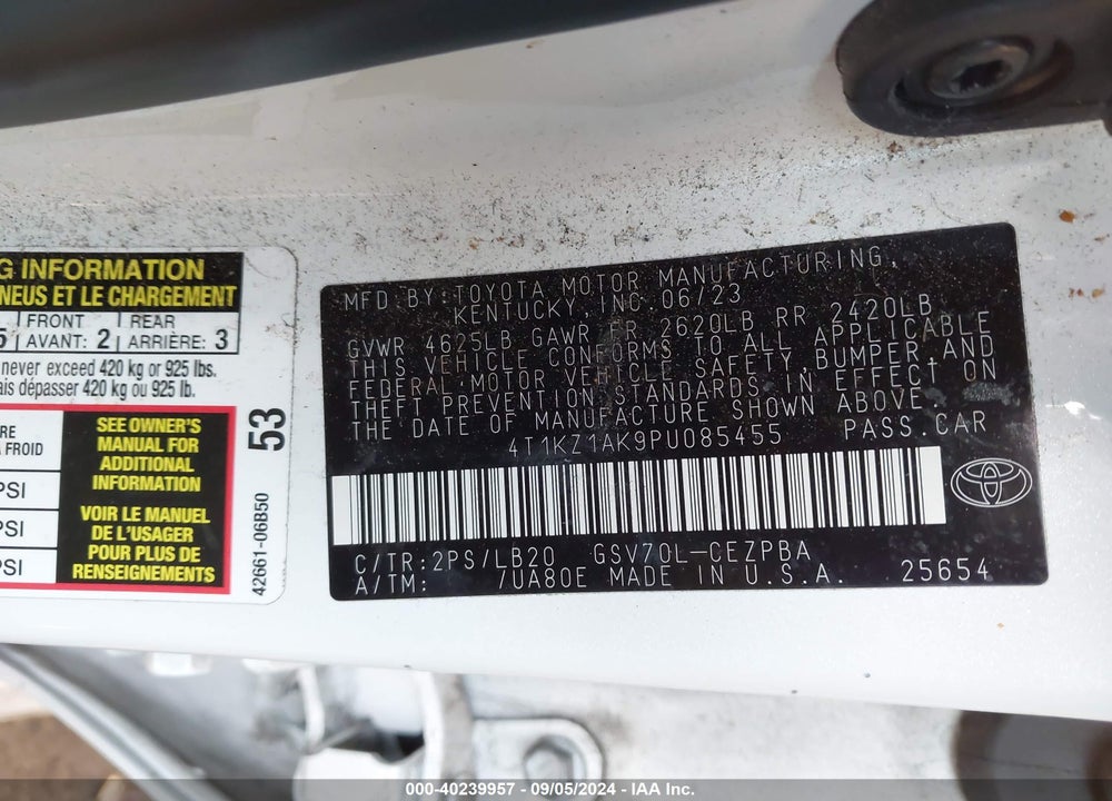 2023 TOYOTA CAMRY VIN: 4T1KZ1AK9PU085455