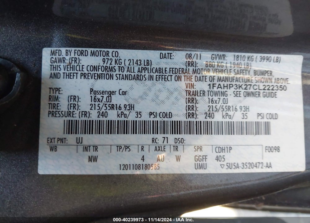 2012 FORD FOCUS VIN: 1FAHP3K27CL222350