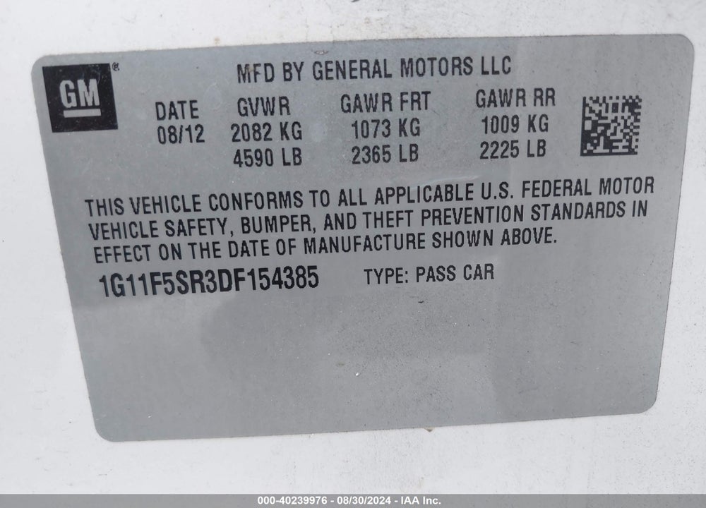 2013 CHEVROLET MALIBU VIN: 1G11F5SR3DF154385
