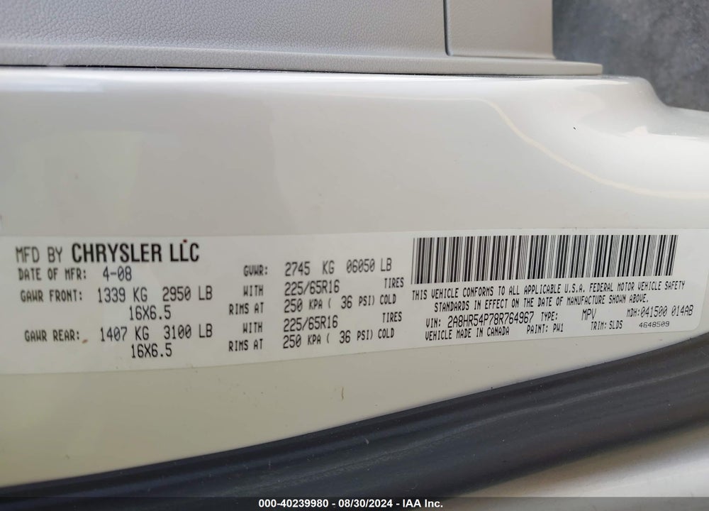 2008 CHRYSLER TOWN & COUNTRY TOURING VIN: 2A8HR54P78R764967