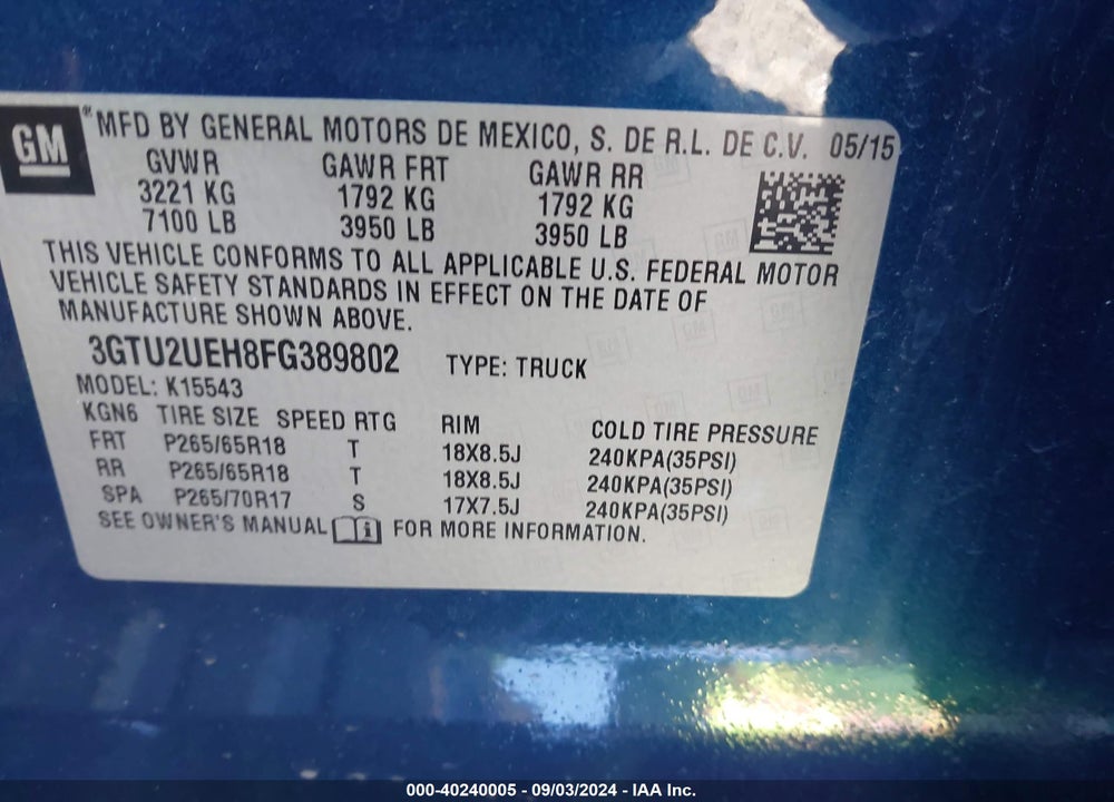 2015 GMC SIERRA 1500 SLE VIN: 3GTU2UEH8FG389802