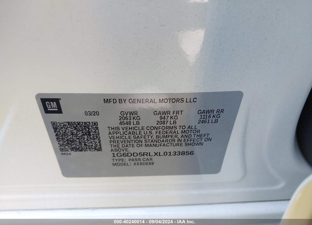 2020 CADILLAC CT4 V-SERIES VIN: 1G6DD5RLXL0133856
