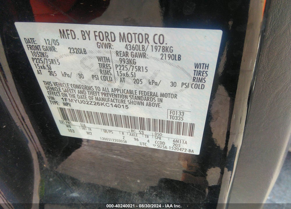 2006 FORD ESCAPE XLS/XLS MANUAL VIN: 1FMYU02Z26KC14015