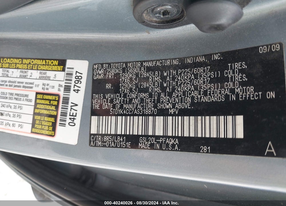 2010 TOYOTA SIENNA XLE VIN: 5TDYK4CC7AS318870