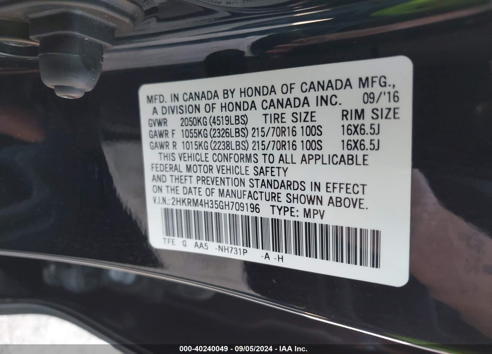 2016 HONDA CR-V LX VIN: 2HKRM4H35GH709196