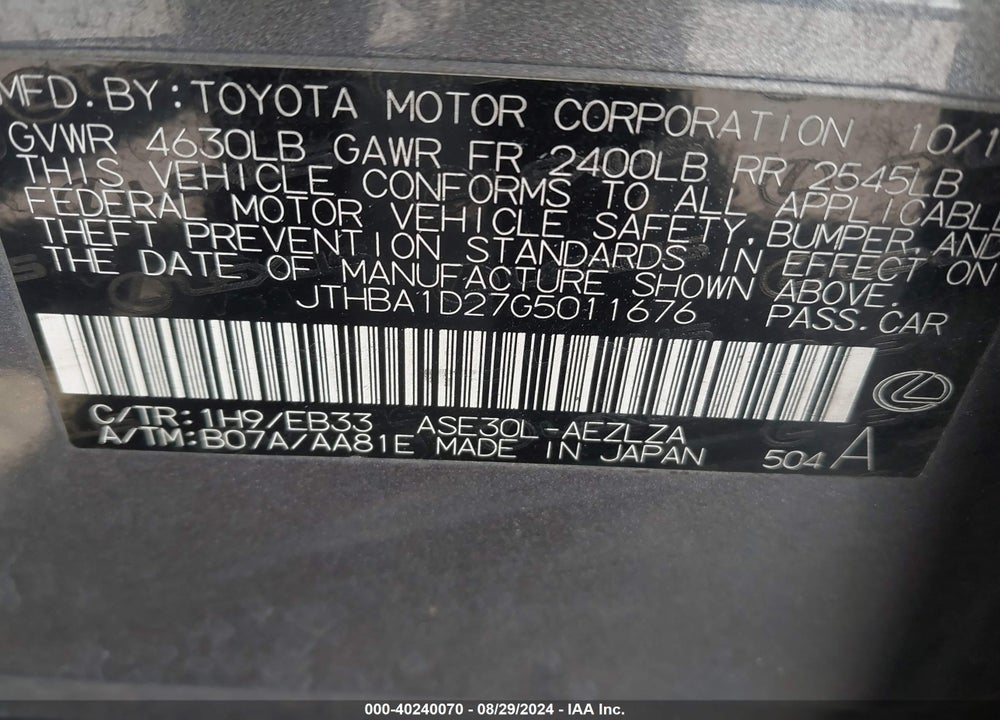 2016 LEXUS IS 200T VIN: JTHBA1D27G5011676