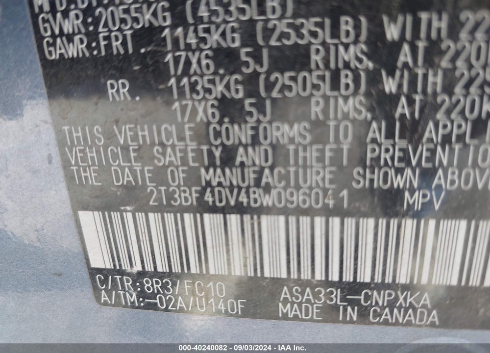 2011 TOYOTA RAV4 VIN: 2T3BF4DV4BW096041