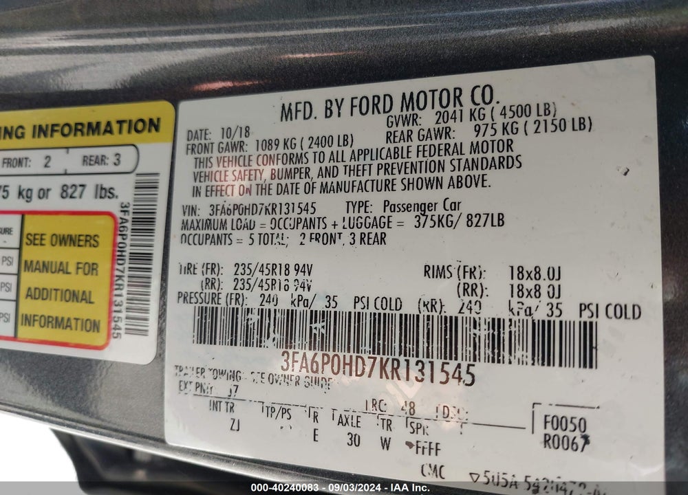 2019 FORD FUSION SE VIN: 3FA6P0HD7KR131545