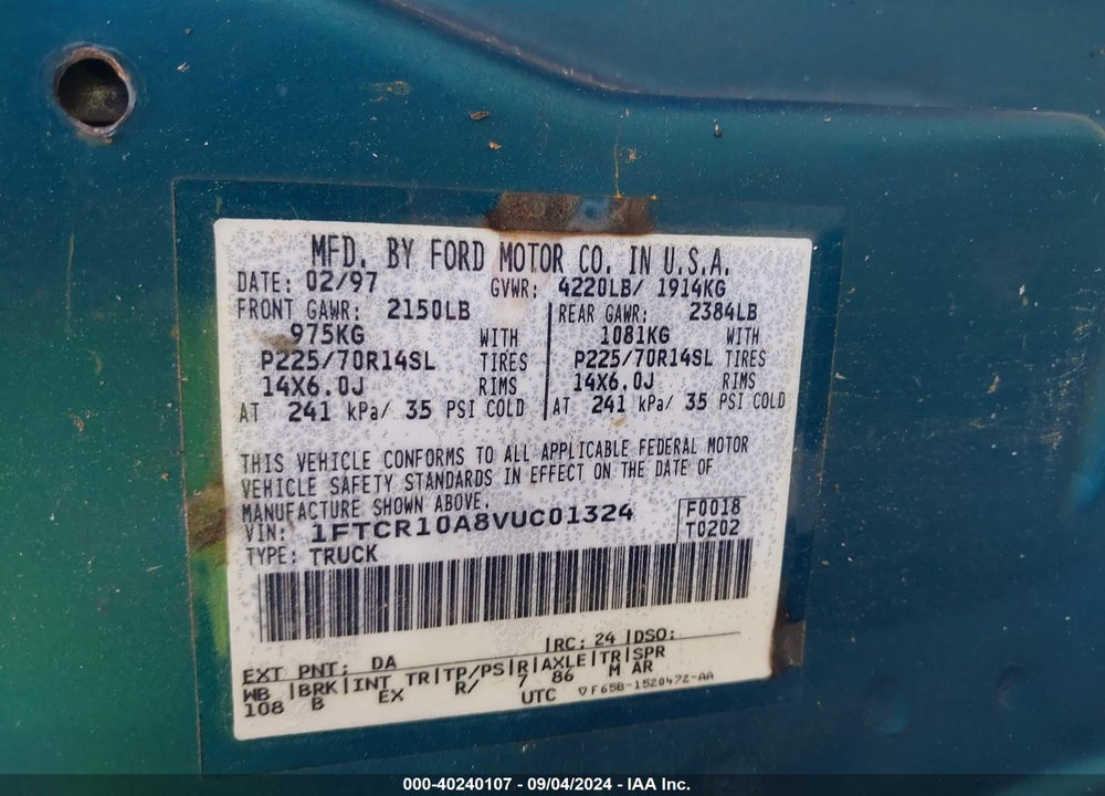 1997 FORD RANGER SPLASH/XL/XLT VIN: 1FTCR10A8VUC01324