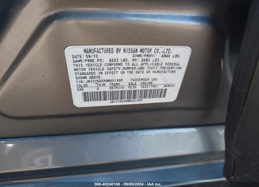 2011 INFINITI G37X VIN: JN1CV6ARXBM401990