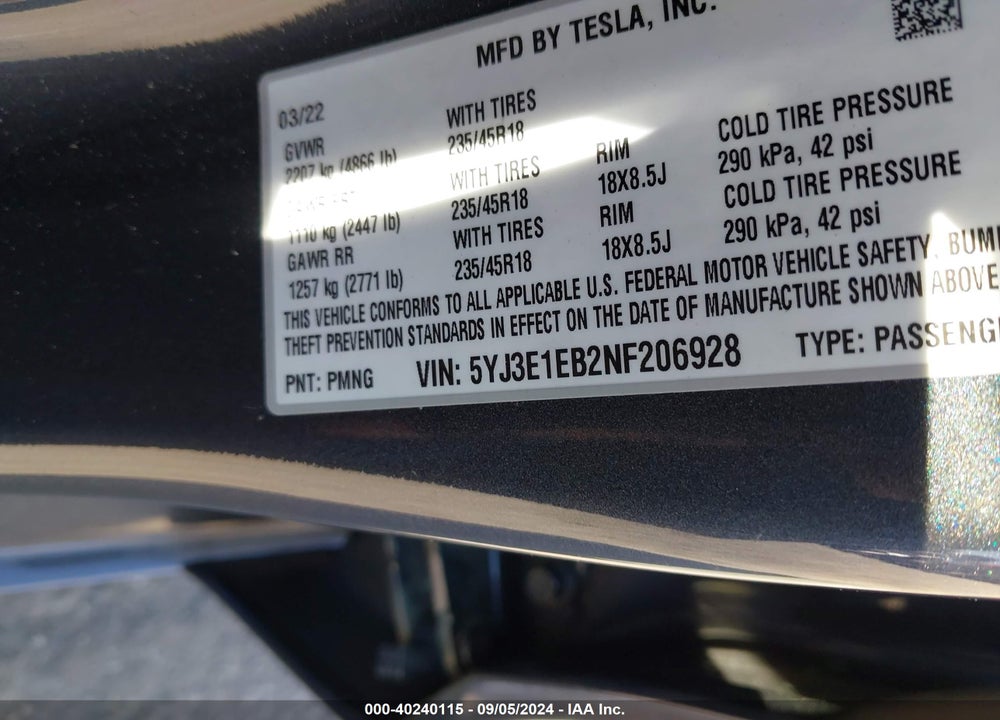 2022 TESLA MODEL 3 LONG RANGE DUAL MOTOR ALL-WHEEL DRIVE VIN: 5YJ3E1EB2NF206928