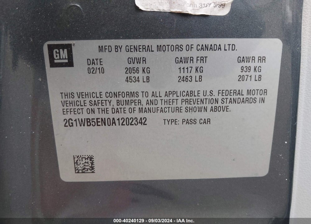 2010 CHEVROLET IMPALA VIN: 2G1WB5EN0A1202342