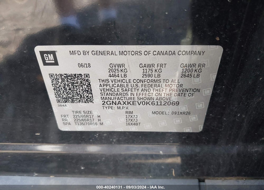 2019 CHEVROLET EQUINOX LT VIN: 2GNAXKEV0K6112069
