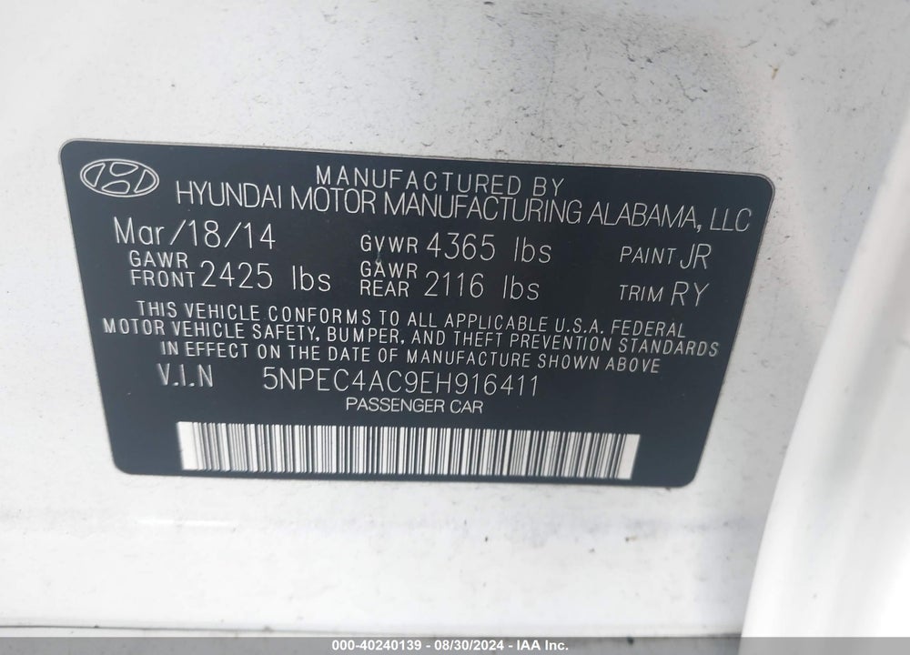 2014 HYUNDAI SONATA VIN: 5NPEC4AC9EH916411