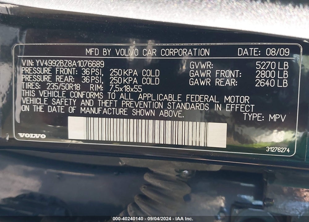 2010 VOLVO XC70 T6 VIN: YV4992BZ8A1076689
