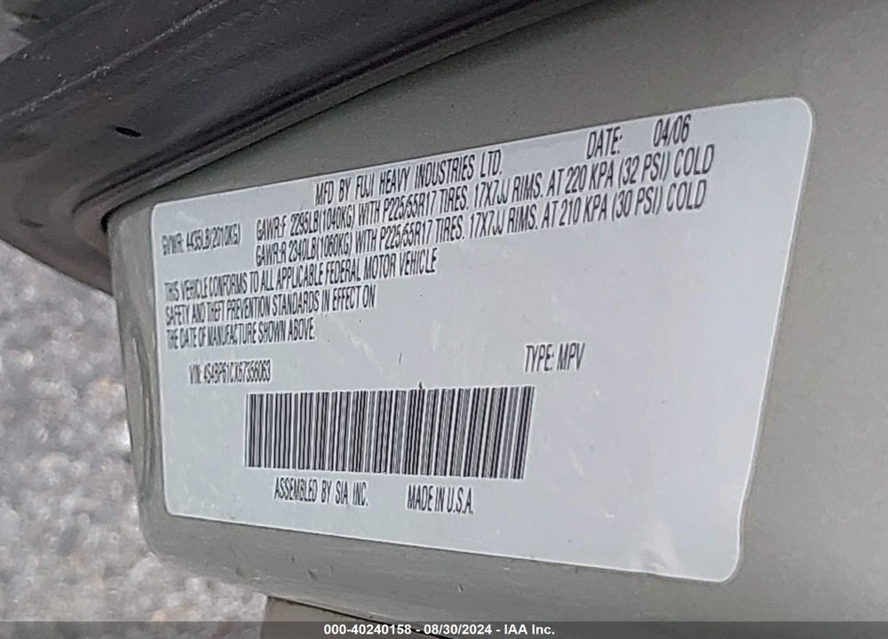 2006 SUBARU OUTBACK 2.5I VIN: 4S4BP61CX67356063