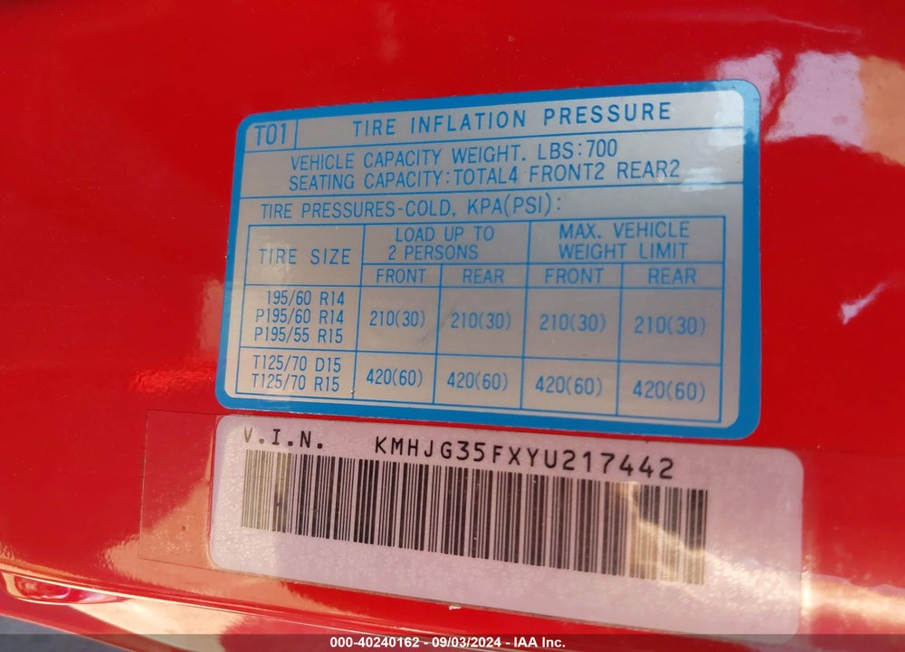 2000 HYUNDAI TIBURON BASE PKG 1, 2 5/BASE PKG 3 4 VIN: KMHJG35FXYU217442